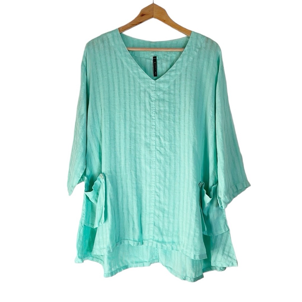 IC by Connie K mint green stripes V neck pocket lagenlook top size M